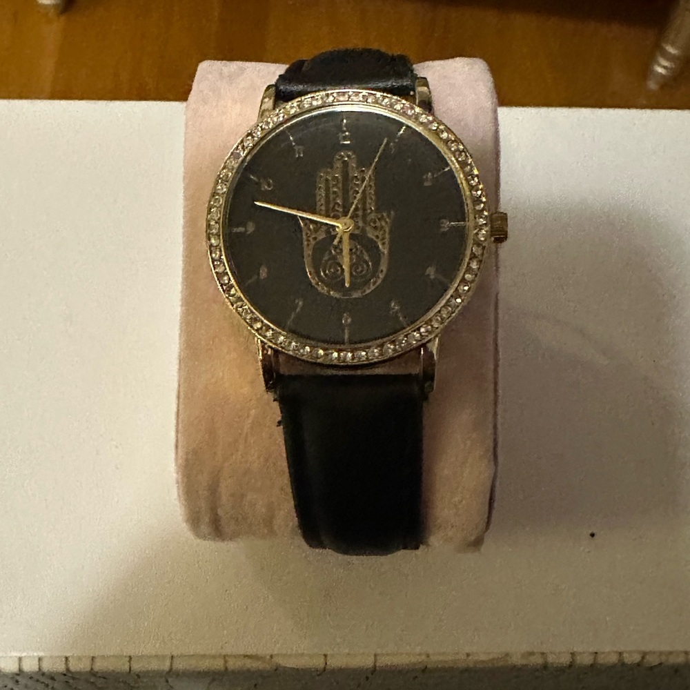 Elegant Black Hamsa Hand Watch with Crystal Accents